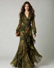 Vestido largo de gasa ligera estampado floral cuello V falda amplia elegante - Verde militar - Ver 1