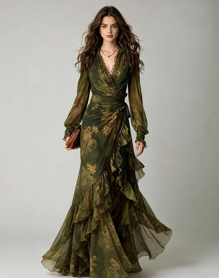 Vestido largo de gasa ligera estampado floral cuello V falda amplia elegante - Verde militar - Ver 1