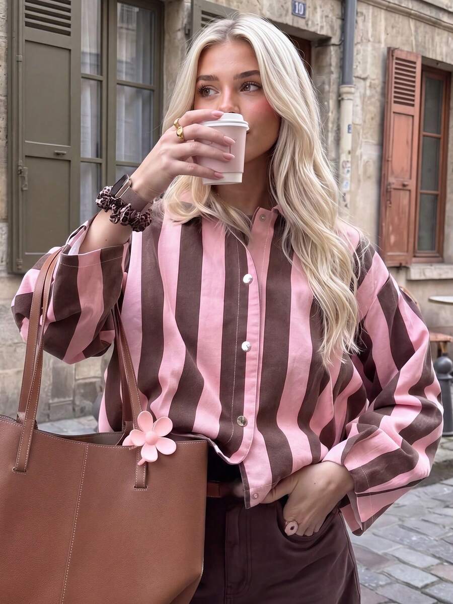 Women's Vertical Striped Loose Shacket, Lapel Long Sleeve Button-Up Casual Outerwear, Y2K Street Style Outing Jacket - Pinkish Brown - View 1