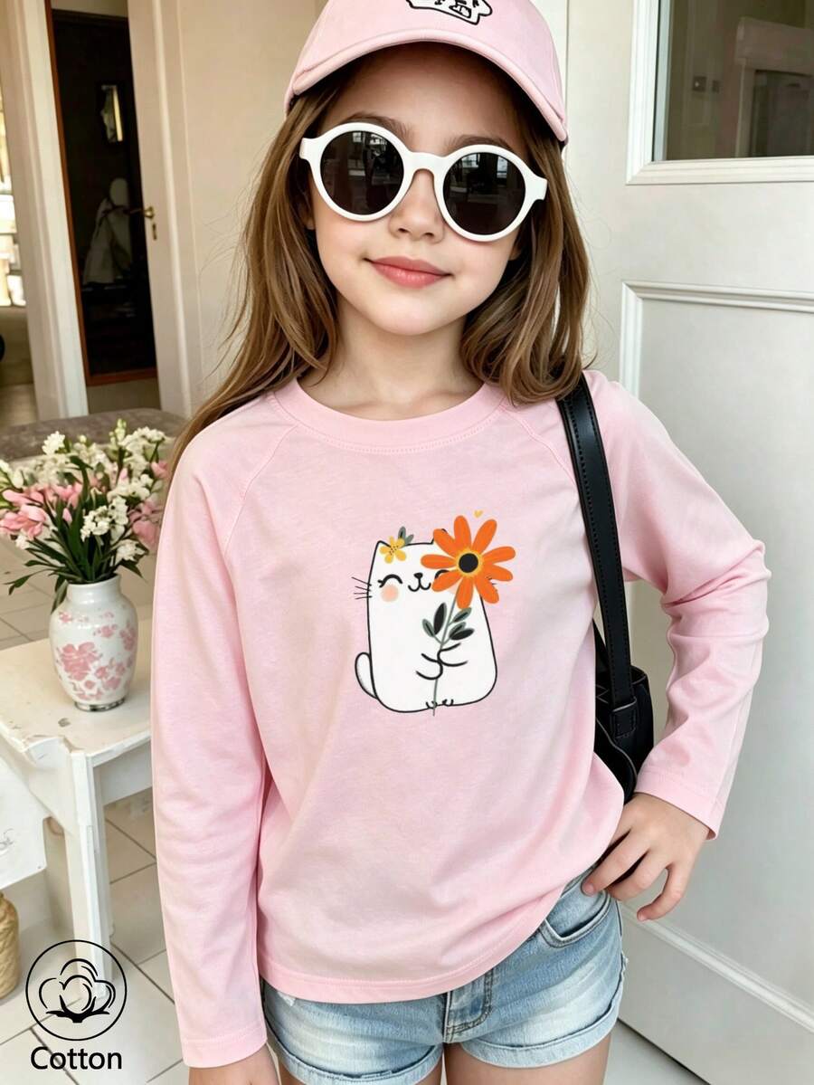 Kids Cute Casual Long Sleeve T-Shirt, Round Neck Loose Fit With Cartoon Cat & Orange Flower Print, Pink Base For Spring Autumn Daily Wear - Baby Pink - View 1