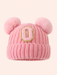 1pc Pink Kids Hat 26 Letters Baby Knitted Cap Boys Girls Warm Beanie Suitable For Outdoor Travel Daily Wear - Pink Gold Logo On Crown - Pink Double Ball Cap - View 60
