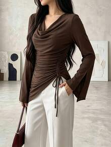 Atasan Wanita Gaya Muda Lengan Panjang Kerah Berkerut Lengan Lonceng Tali Serut Lipit Hem Asimetris - Coffee Brown - View 4