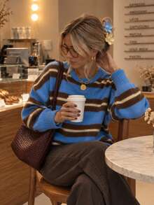 Women's Striped Crew Neck Knit Sweater, Loose Fit Pullover For Autumn/Winter, Suitable For Daily Commute And Street Casual Wear - Multicolor - View 4