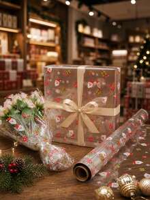 1 Roll Christmas Transparent Cellophane Wrapping Paper, Pattern Includes Snowflakes, Christmas Balls, Gifts And Santa Claus, Merry Christmas Gift Wrapping Paper, Gift Wrapping Paper, Flower Wrapping Paper, Waterproof Wrapping Paper, Bouquet Wrapping Supplies - Multicolor - View 2