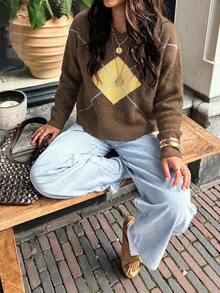 Women's Fashion Autumn/Winter Contrast Color Round Neck Drop Shoulder Fitted Ribbed Regular Casual Versatile Daily Wear Sweater Top - Brown - View 5