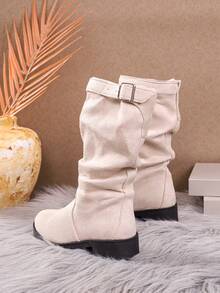 Sepatu Bot Setinggi Lutut Wanita Warna Krem, Dekorasi Gesper Logam, Ujung Bulat, Hak Tebal Rendah, Suede Imitasi, Sepatu Bot Berkuda, Sepatu Bot Sehari-hari Musim Gugur - Krem - View 3