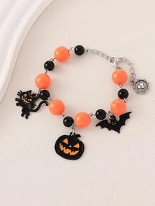 1pc Halloween Funny Black Cat Demon Pumpkin Bat Beaded Single Layer Bracelet Women's Holiday Party Celebration Accessory - Black Cat Pumpkin Bat - View 4