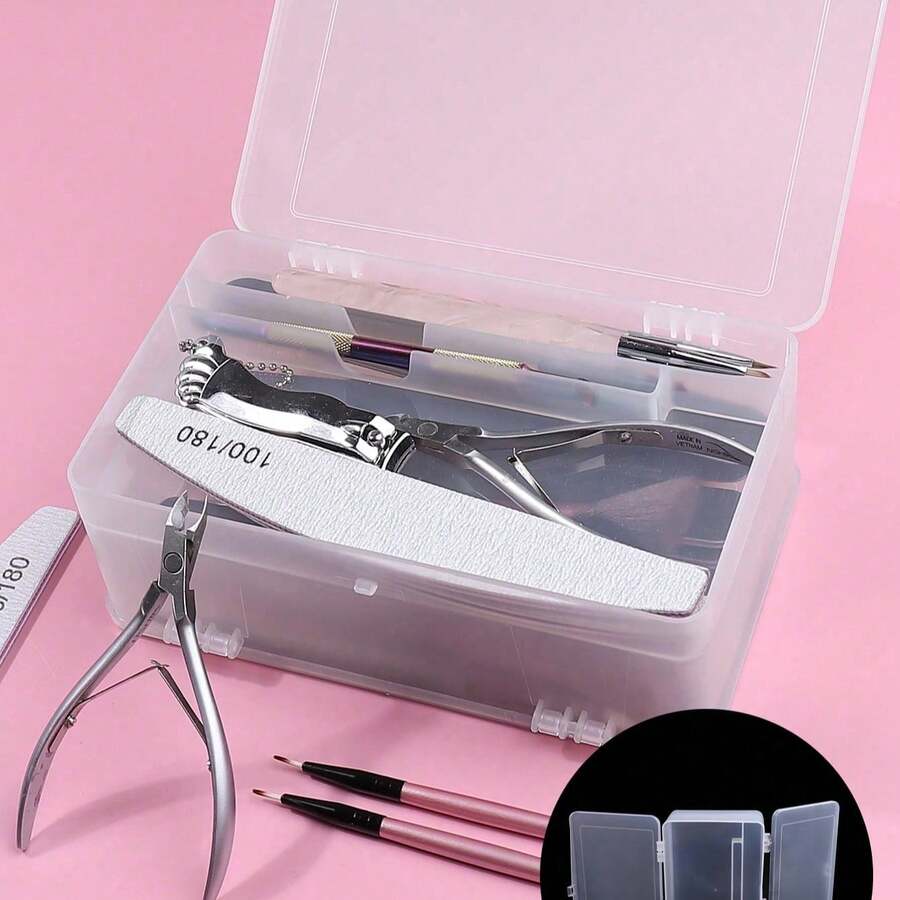 1pc Double Layer Nail Art Tool Storage Box, Large Capacity, Can Store Nail Polish, Glue And Nail Files - White - View 1