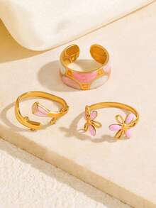 3pcs Stainless Steel Pink Fashion Elegant Geometric Rose Flower Ring Set, Suitable For Women's Daily, Holiday, Shopping Wear - Multicolor - View 4