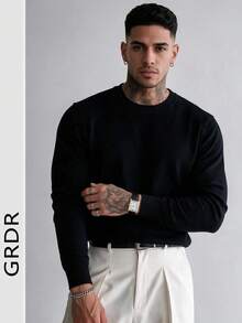 Men's Solid Black Wool Sweater, Soft And Cozy, Round Neck, Basic Casual Pullover, Layering Base Layer, Knit Jumper, Autumn/Winter - Black - View 1