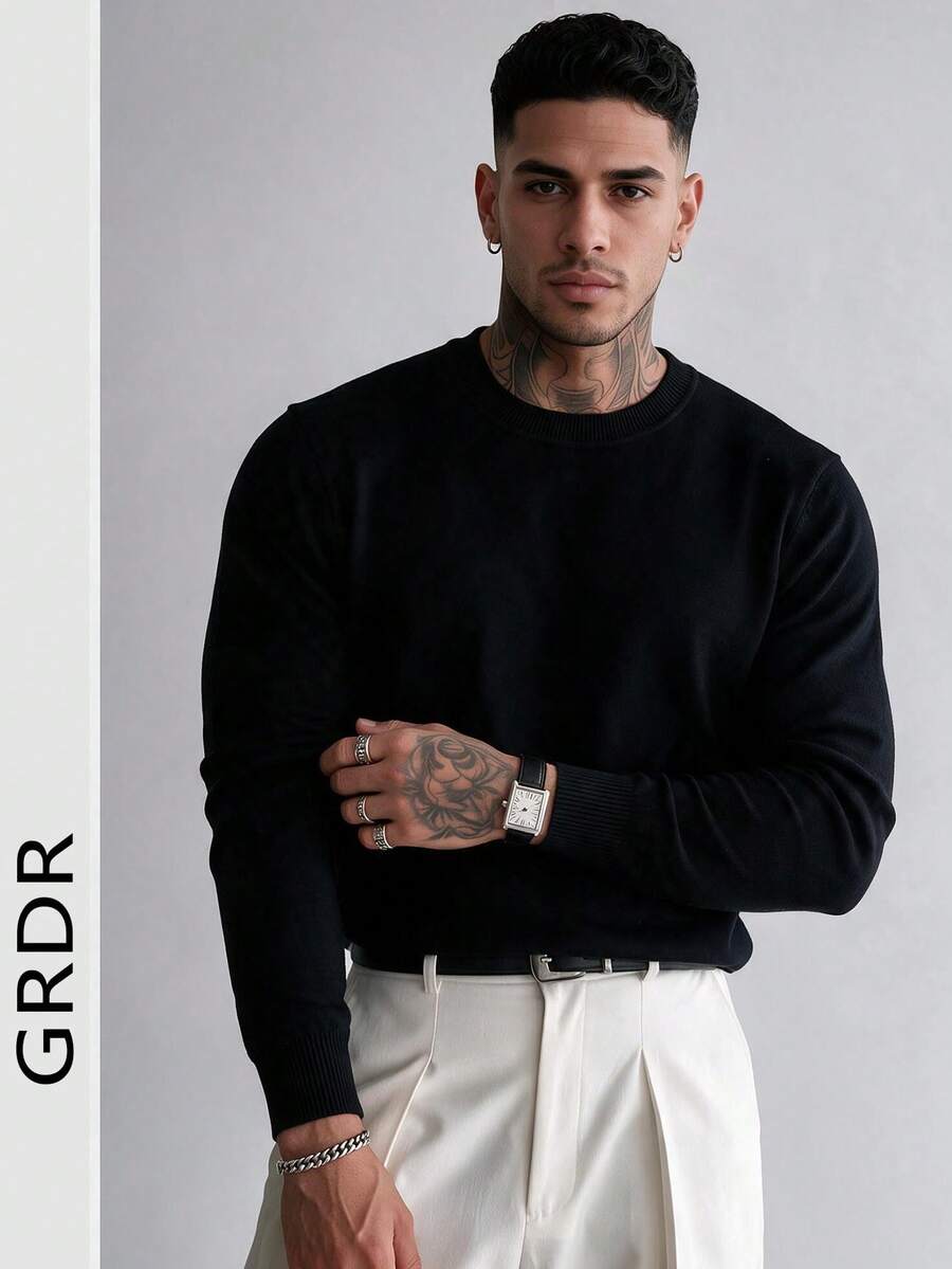 Men's Solid Black Wool Sweater, Soft And Cozy, Round Neck, Basic Casual Pullover, Layering Base Layer, Knit Jumper, Autumn/Winter - Black - View 1
