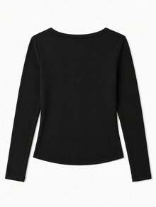 Women's Minimalist Solid Color V-Neck Slim Fit Long Sleeve T-Shirt, Versatile Slimming Elastic Base Layer Top For Autumn - Black - View 4