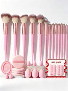 26pcs And 2pcs Free Gift Makeup Brush Set With Makeup Sponges Powder Puff Cleaning Mat Face Washing Wristbands Soft Synthetic Bristles Cosmetic Brushes For Foundation Blush Eyeshadow Makeup Tools Gift For Makeup Lover - Pink - View 1