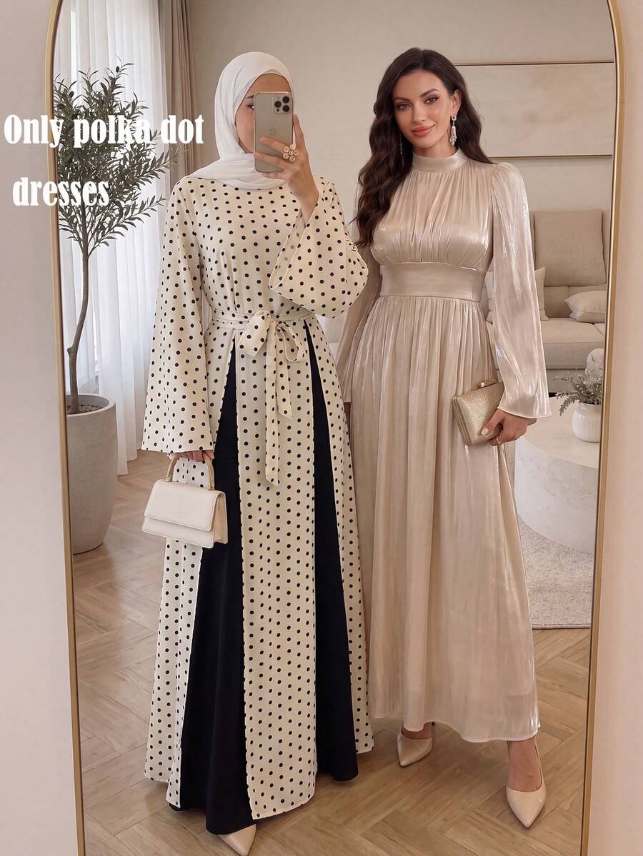 Women's Polka Dot Pattern Round Neck Long Sleeve Arabian Dress - Multicolor - View 1
