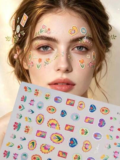 1 buah Stiker Dekorasi Wajah Motif Bunga Lukisan Minyak Vintage, Stiker Wajah Pola Stempel Bunga Tulip Warna-warni, Perekat Tanpa Lem, Stiker Dekorasi Hiasan Wajah Kreatif untuk Pesta Potret Festival Musik