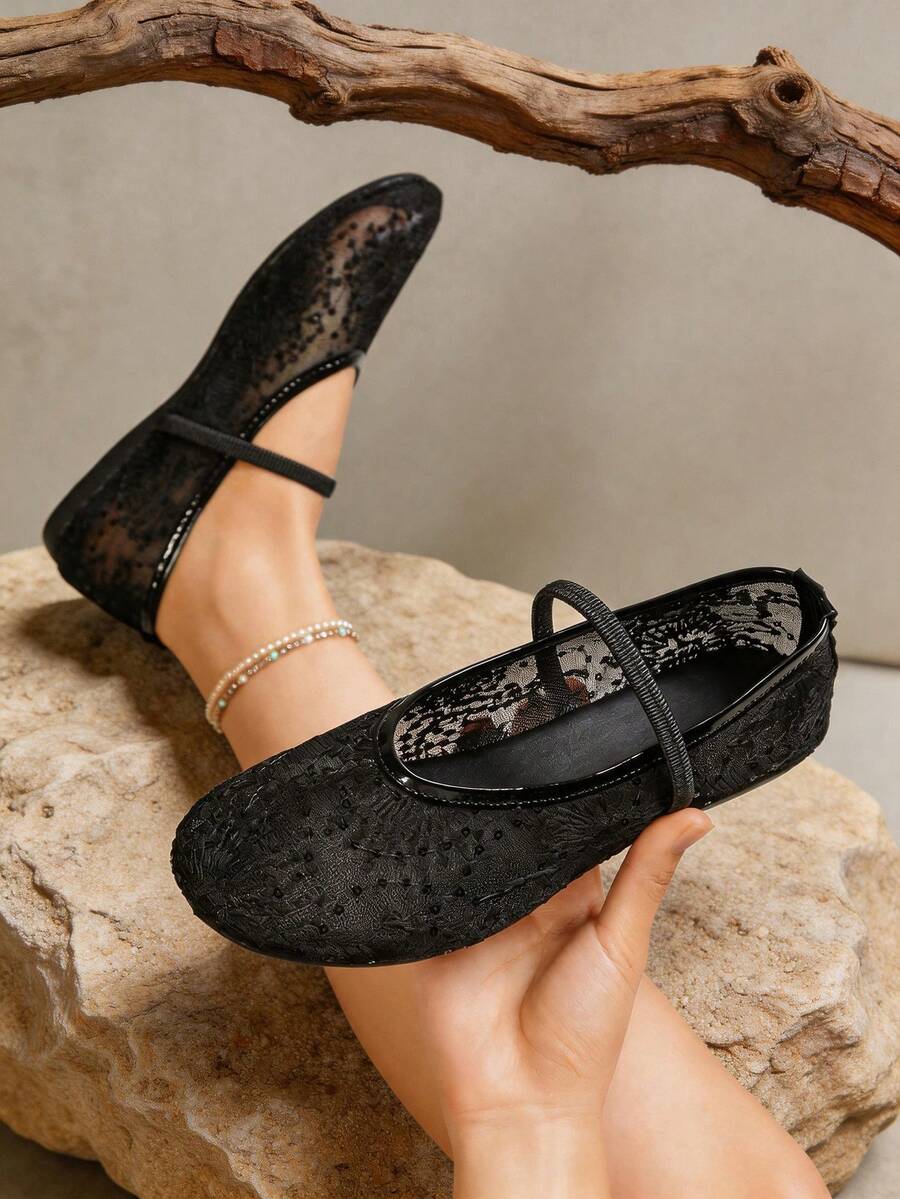 Retro Black Lace Ballet Flats, Elastic Stretch Strap Design, Sequin Decor, Women Shallow Mary Jane Flats For Dating And Travel - Black - View 1