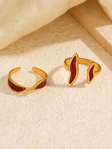 2pcs Stainless Steel Red Fashionable Personalized Minimalist Casual Style Geometric Asymmetrical Asymmetric Ring Set Suitable For Women's Daily, Holiday, Date Wear - Multicolor - View 4