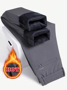 Autumn/Winter Men's Thermal Lined Thick Solid Color Pocket Warm Casual Tapered Long Pants - Dark Grey - View 5