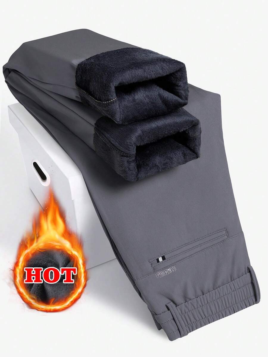 Autumn/Winter Men's Thermal Lined Thick Solid Color Pocket Warm Casual Tapered Long Pants - Dark Grey - View 1