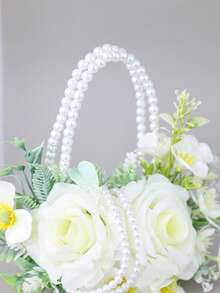1pc Faux Pearl Double Hoop Bouquet, Artificial White Rose & Greenery Handheld Flower, Bridal Wedding Photo Prop - White - View 7