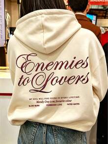 Retro Handwritten Cursive Letter Pattern Sweatshirt, Book Lover Vibe Loose Drawstring Long Sleeve Pullover Sweatshirt - Apricot - View 1