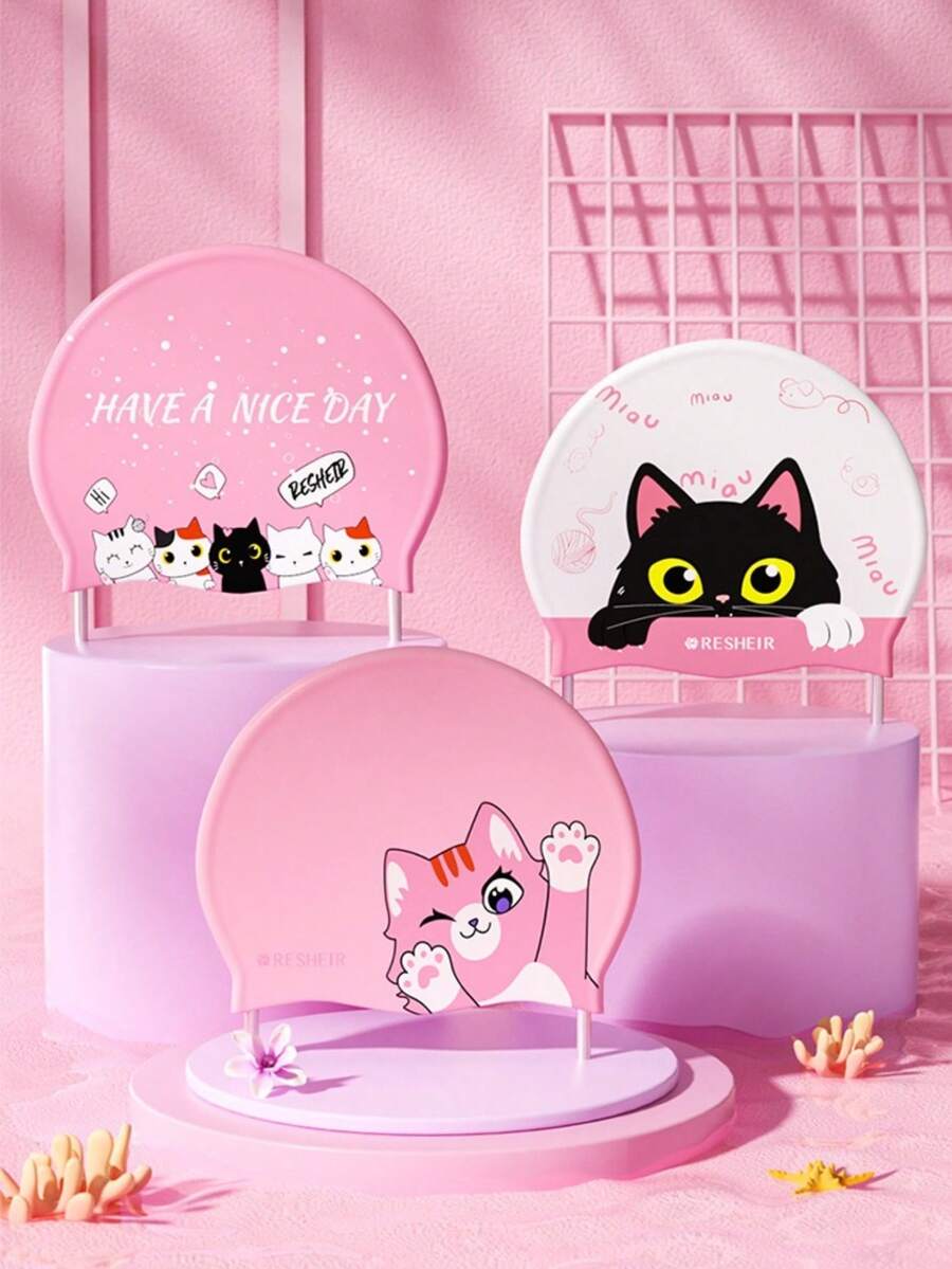 1pc Cute Cartoon Kitten Printed Swimming Cap Waterproof Ear Protection Silicone Swimming Cap Accessories - Multicolor - View 1