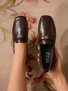 Women's Lightweight Durable Vintage Buckle Plain Square Toe Shallow Flat Loafers - Brown - View 1