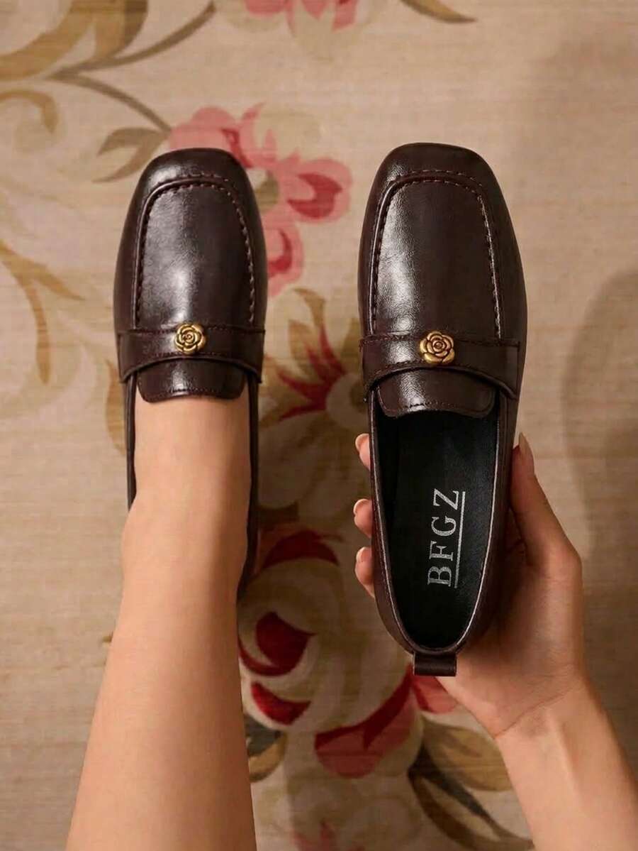 Women's Lightweight Durable Vintage Buckle Plain Square Toe Shallow Flat Loafers - Brown - View 1