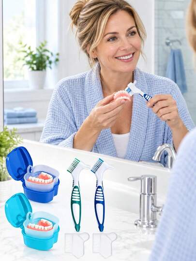 Ensemble de nettoyage de prothèses dentaires 3 pièces, comprend boîte de rangement, brosse à dents et couvercle de protection, kit de nettoyage de prothèses portable, convient pour les appareils orthodontiques, protège-dents et prothèses dentaires, disponible en plusieurs couleurs