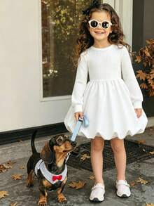 Girls White Round Neck Ribbed Long Sleeve Knit Patchwork Puff Hem Lantern Dress, Simple Cute Princess Style Young Girl Outfit - White - View 9