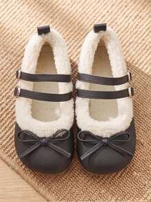 Sepatu Rocker Anak Perempuan, Sepatu Datar, Bahan PU Hitam dengan Tali Gesper Logam, Sepatu Musim Dingin Hangat Ujung Bulat. Sepatu Anak-Anak - Hitam - View 1