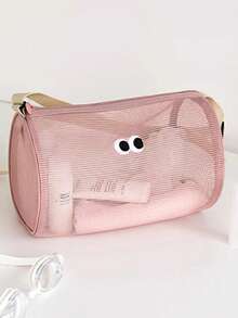 1pc Breathable Mesh Cylinder Toiletry Bag With Cute Eyes, Zipper Crossbody Shoulder Bag For Beach Travel Swimming - Multicolor - View 6