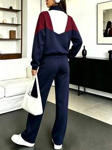 Women 2 Pcs Color Block Tracksuit Set, Zip Up Stand Collar Jacket & Wide Leg Pants, Casual Sporty Fall Outfit, Streetwear Matching Set, Everyday Wear - Navy - View 5