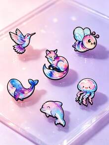 6pcs Dreamy Starry Sky Animal Metal Badge – Cute Cartoon Brooch, Creative Bag Accessory, Student Gift, Christmas Gift Brooch - Multicolor - View 1