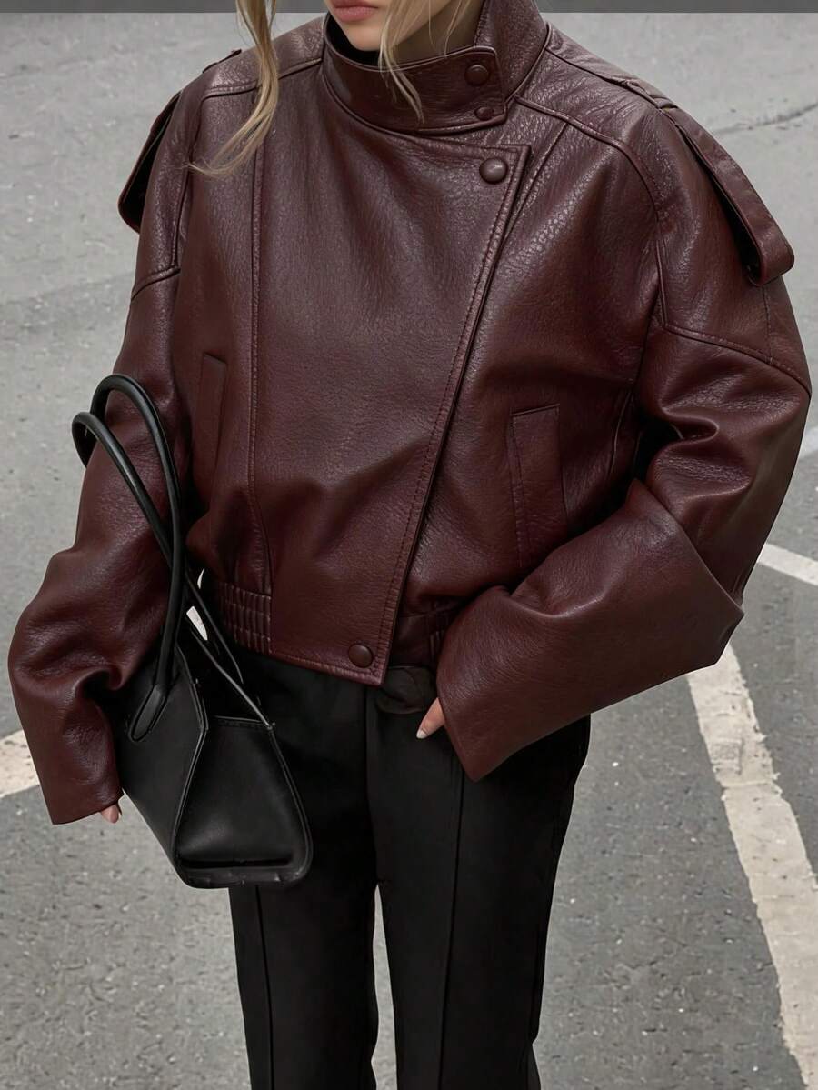 Women's Oversized Faux Leather Utility Jacket With Pockets & High Neck - Burgundy - View 1