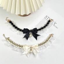 1pc Cute Pearl Bow Cat Tie Collar, Knitted Pet Bib Scarf, Photo Prop For Pets - Black - View 6