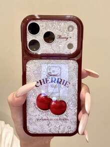 1PC American Vintage Lace Sweet Cherry English Print Phone Case, Ice Crackle Silver Glitter Base Burgundy Frame Lens Frame Full Coverage Anti-Drop Phone Case, Girly Versatile Phone Protective Shell Compatible With Apple 17/16/15/14/13/12/11/Pro/Pro Max Full Coverage Protective Shell, Perfect Gift For Friends, Family, Girlfriend, Boyfriend, Holiday Gift - Multicolor - View 2