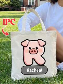 Custom Animal Initial Canvas Tote Bag, Personalized Name Cute Cartoon Letter Shoulder Bag, Reusable Thickened Canvas Handbag, Suitable For Shopping, Beach, Travel, Daily Gift - Multicolor 3 - View 10
