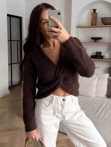 SEREN Women's New Fashion Twisted Design Knit Sweater, Vintage V-Neck Long Sleeve Pullover, Suitable For Daily Wear, And Gatherings With Friends - Red Coffee - View 3