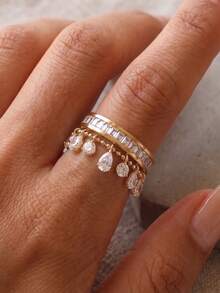 rakol 2pcs Fashion Galaxy Water Drop Square Cubic Zirconia Tassel Beaded Ring Set - Set 4 - View 14