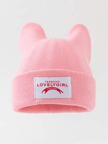 1pc Women's Fashion Solid Color Cute Cat Ear Design Fabric Label Beanie Knit Hat, Suitable For Autumn/Winter Warmth, Daily Wear And Outfits - A - View 3