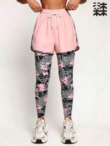 mulinsen Women's Double Layer Sports Leggings, Camouflage Print Drawstring Waist Quick Dry Shorts, Jogging Fitness Daily Workout Wear - Pink - View 7