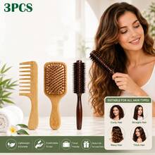 3pcs Bamboo Hair Care Set, Wide Tooth Comb, Cushion Hair Brush, Round Head Boar Bristle Hair Brush, Bamboo Wood Handle Hair Tools, Suitable For Daily And Travel Use - Apricot - View 1