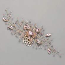 Green Bridal Updo Hair Accessory Handmade Vintage Wedding Hair Comb With Rhinestones - Pink - View 7