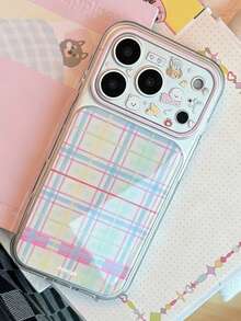 可愛熊波點圖案透明邊緣手機殼，適用於 iPhone 18 17 Pro Max 18 17 Pro 16 Pro 16 Pro Max 15 Pro Max 15 Pro 14 Pro Max 14 Pro 13 Pro Max，防震保護殼 - 格紋 - 查看 1