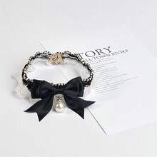 1pc Cute Pearl Bow Cat Tie Collar, Knitted Pet Bib Scarf, Photo Prop For Pets - Black - View 9