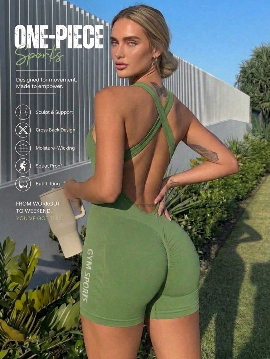 Vintage Seamless Ribbed One-Shoulder Cross Back Open Back Butt-Lifting Tight Fit Yoga Shorts Jumpsuit For Women - Green - View 1