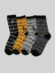 1/4 Pairs Men's Novelty Musical Note Pattern Crew Socks,Soft Breathable Funny Music Themed Dress Socks,For Daily Casual Wear & Holiday Presents - Multicolor - View 6