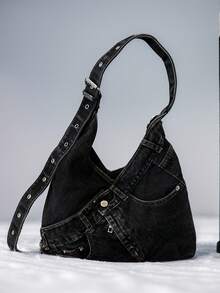 Minimalist Shoulder Underarm Crescent Bag, Korean Style Fashion Textured Large Capacity Solid Color Casual New Hobo Bag For Women - Black - View 1