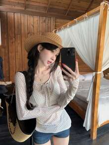 Polka Dot Tie-Front Long Sleeve T-Shirt Slim Fit Mesh Top - White - View 8